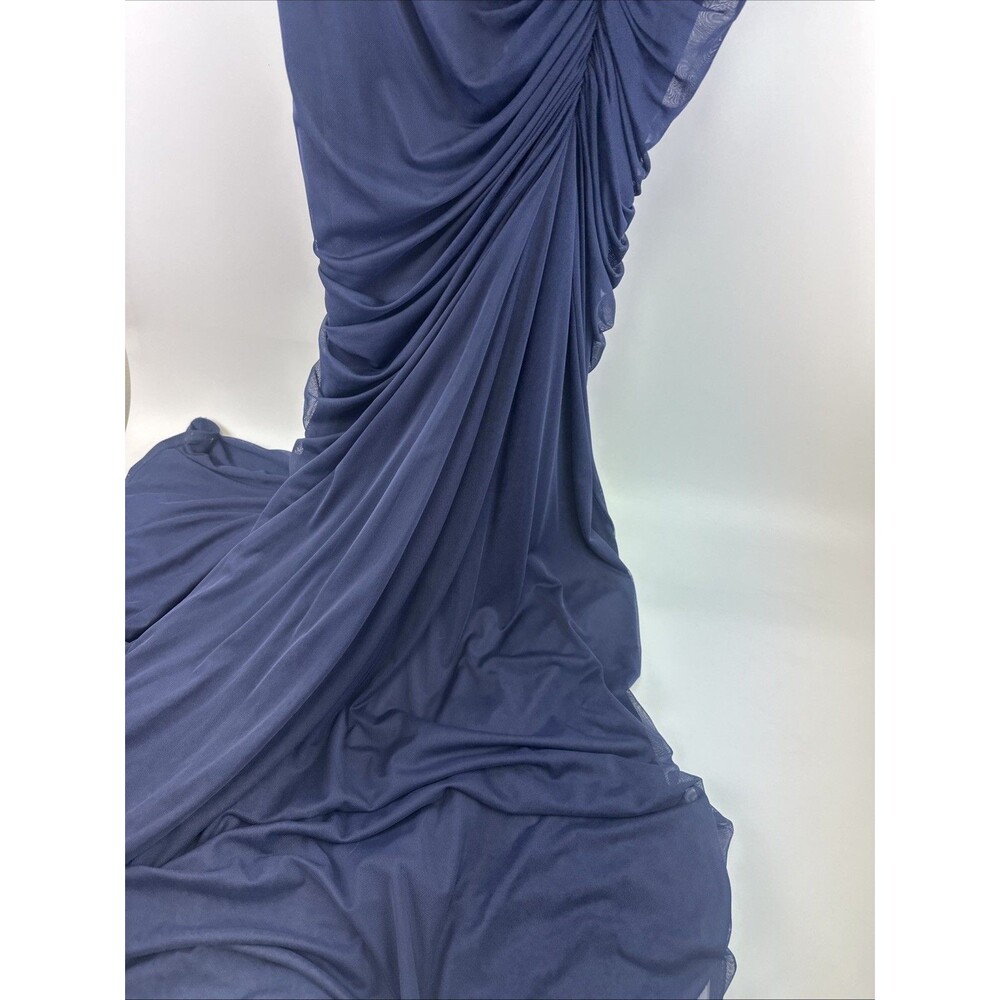 Tadashi Shoji Asymmetric Ruched Sleeve Gown Navy Chiffon Fitted Mermaid Large - Picture 7 of 16